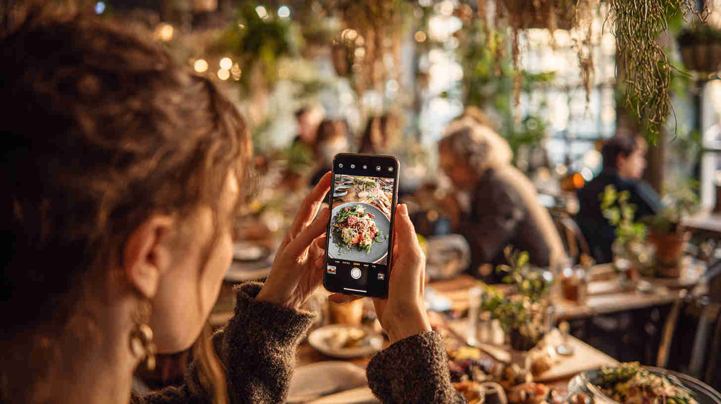 Customer taking Instagram photo of meal with perfect cell signal in Portland restaurant